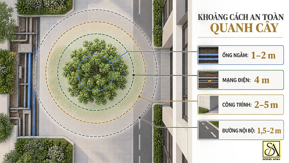 Khoảng cách an toàn từ cây xanh đến ống ngầm và công trình
